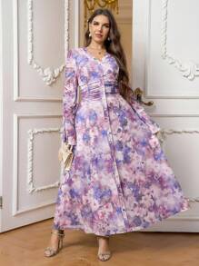 SHEIN Clasi Curvy Plus Size 女式紫色优雅花卉印花高弹力网眼印花长袖荷叶边袖腰长裙，2025 年新款，加大码优雅浪漫花卉印花 V 领宽松喇叭袖连衣裙 - 紫色 - 查看 10