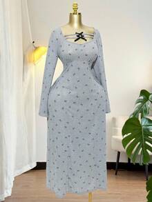 Modelyn Plus Size Long Sleeve Bow Print Casual Summer Dress - Grey - View 4