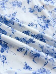 Teen Girls' Vacation Blue Floral Tie-Dye Print Square Neck Ruched Asymmetric Hem Long Sleeve Top And Mini Ruched Bodycon Skirt Set - Blue and White - View 8