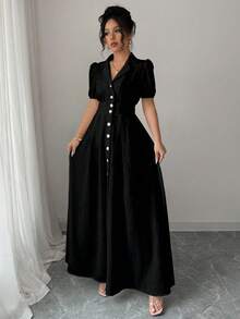 Elenzga Vestido camisa de manga abullonada, cuello de solapa, abotonadura sencilla, unicolor, talla grande para mujer de verano - Negro - Ver 7