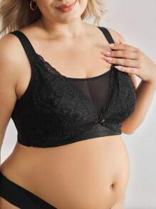 BloomMama Plus Size Latch Front Nursing Lingerie Bra With Mesh, Lace, Enhanced Support Broad Shoulder Straps - Black - View 3