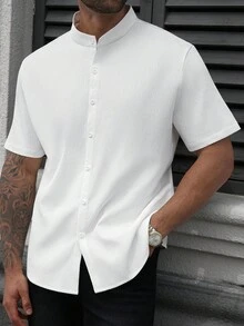Manfinity Homme Men Plus Casual White Shirt,Textured Fabric Design,Summer Basic Casual Vacation,Suitable For Outdoor Activities,Daily Commute,Fashionable Gift For Him - White - View 4