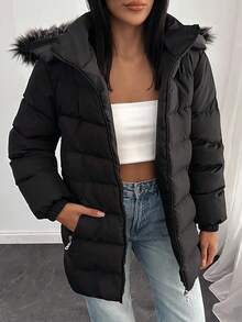 EURMUSE Petite Zip Up Slant Pocket Padded Coat With Fuzzy Trim Fur Hood,Petite Women Everyday Going Out Black Winter Casual - Black - View 2