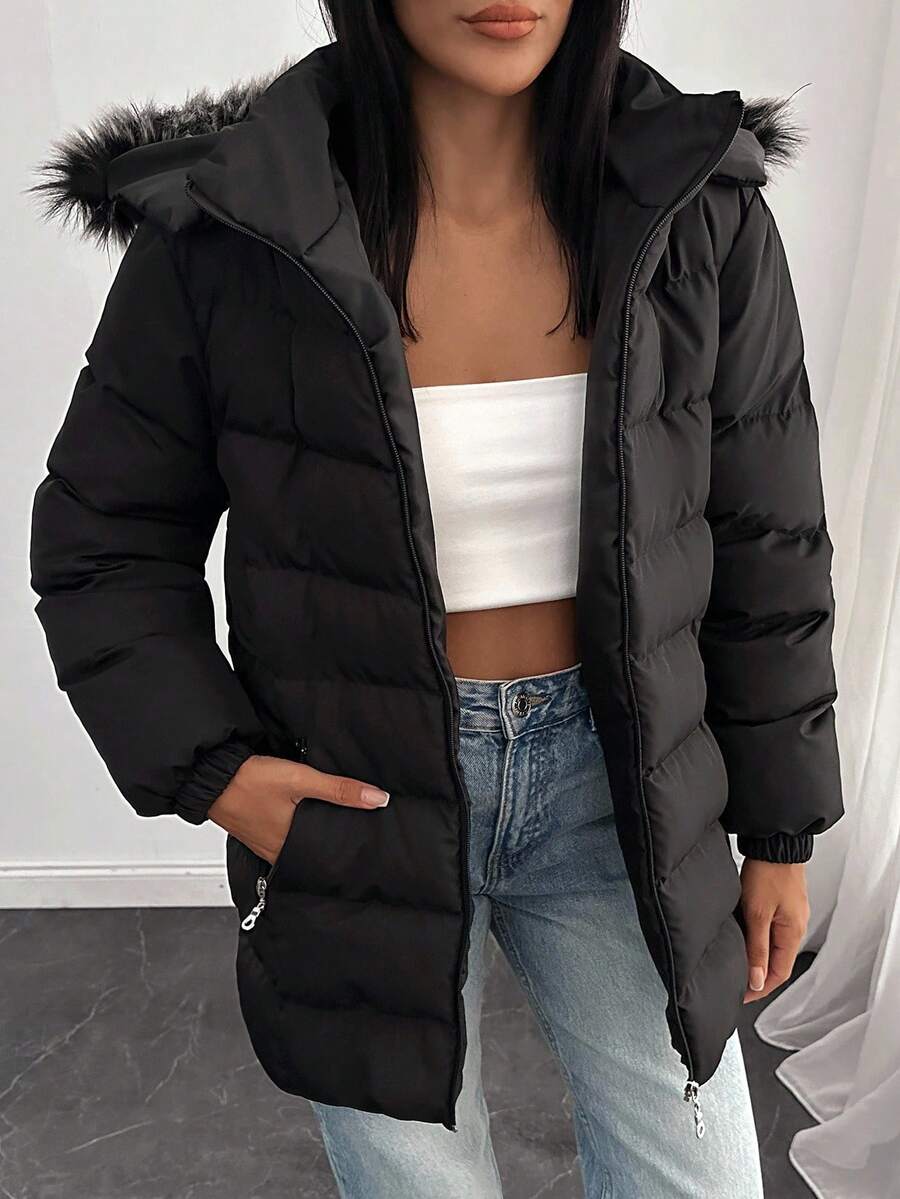 EURMUSE Petite Zip Up Slant Pocket Padded Coat With Fuzzy Trim Fur Hood,Petite Women Everyday Going Out Black Winter Casual