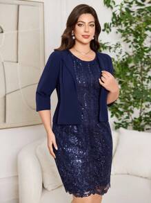 Ellevyn 大码优雅通勤纯色夹克和亮片连衣裙套装 - 藏蓝色 - 查看 6