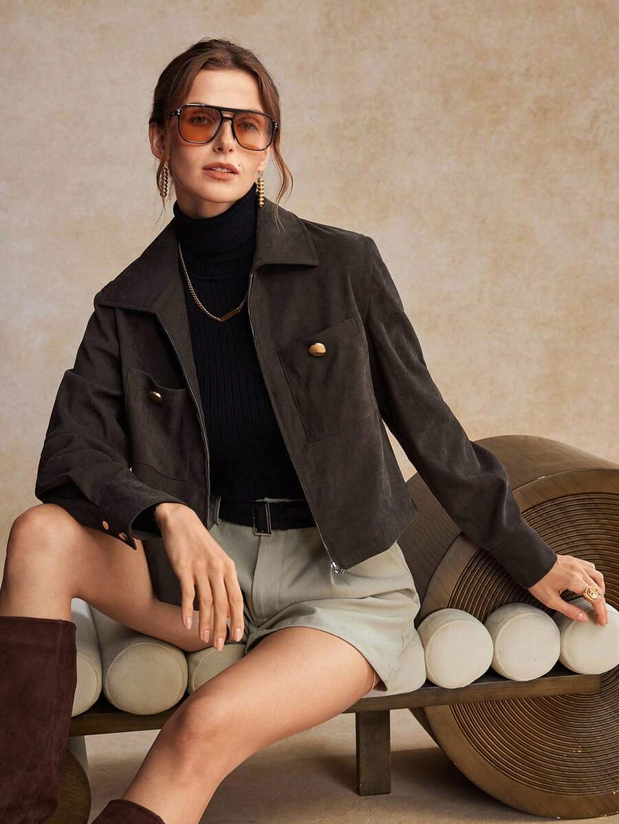 House of One Quần short xếp ly dệt trơn có thắt lưng đen dành cho nữ mặc thường ngày mùa thu - Màu Khaki - Xem 1