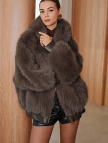 SHEIN Unity Women's Solid Color Short Hooded Faux Fur Jacket, Fashionable Winter - Coffee Brown - View 5