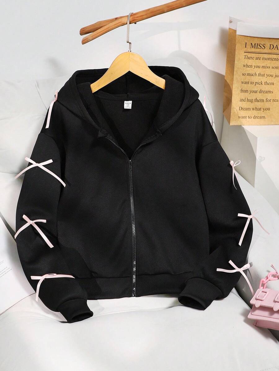 SHEIN 女童夹克,纯色时尚蝴蝶结卫衣外套,舒适羊毛卫衣面料,中宽松版型,时尚袖子设计,青春活力风格,适合返校季或休闲户外穿着 - 黑色 - 查看 1