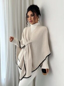 Elenzga 女士新款秋冬单件时尚披肩领开衩斗篷轻薄奢华休闲日常开衫毛衣 - 杏色 - 查看 5