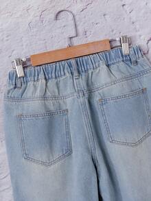 青少年男孩牛仔裤，休闲舒适都市 Y2K 街头复古水洗宽松腰部松紧腰宽松七分牛仔裤，夏季 - 淺色水洗藍 - 查看 4