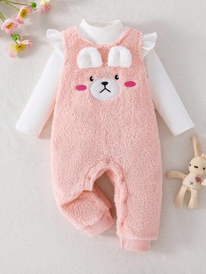 Baby Girls Cute Teddy Bear Pattern Embroidered Bib Pants And Knitted Turtleneck Long Sleeve Top Set, Autumn/Winter Fall