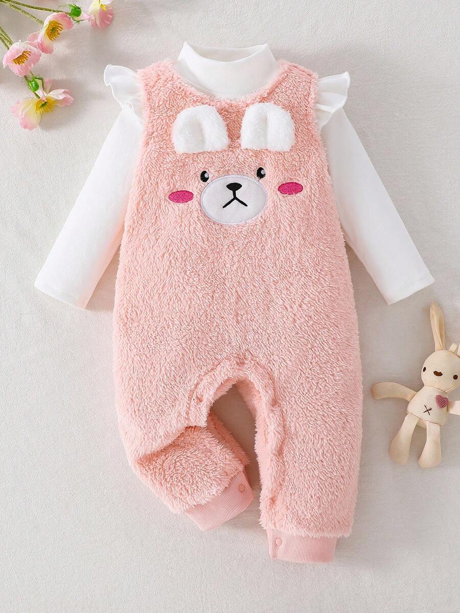 Baby Girls Cute Teddy Bear Pattern Embroidered Bib Pants And Knitted Turtleneck Long Sleeve Top Set, Autumn/Winter Fall - Pink - View 1