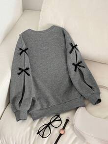 SHEIN Tween Girl Loose Casual Minimalist Comfortable Round Neck Long Sleeve Bow Decor Sweatshirt,In Fall/Winter - Grey - View 3