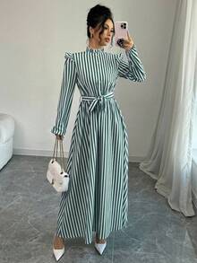 Elenzga 女式立领长袖前系腰休闲条纹中长连衣裙女装 - 墨綠色 - 查看 4