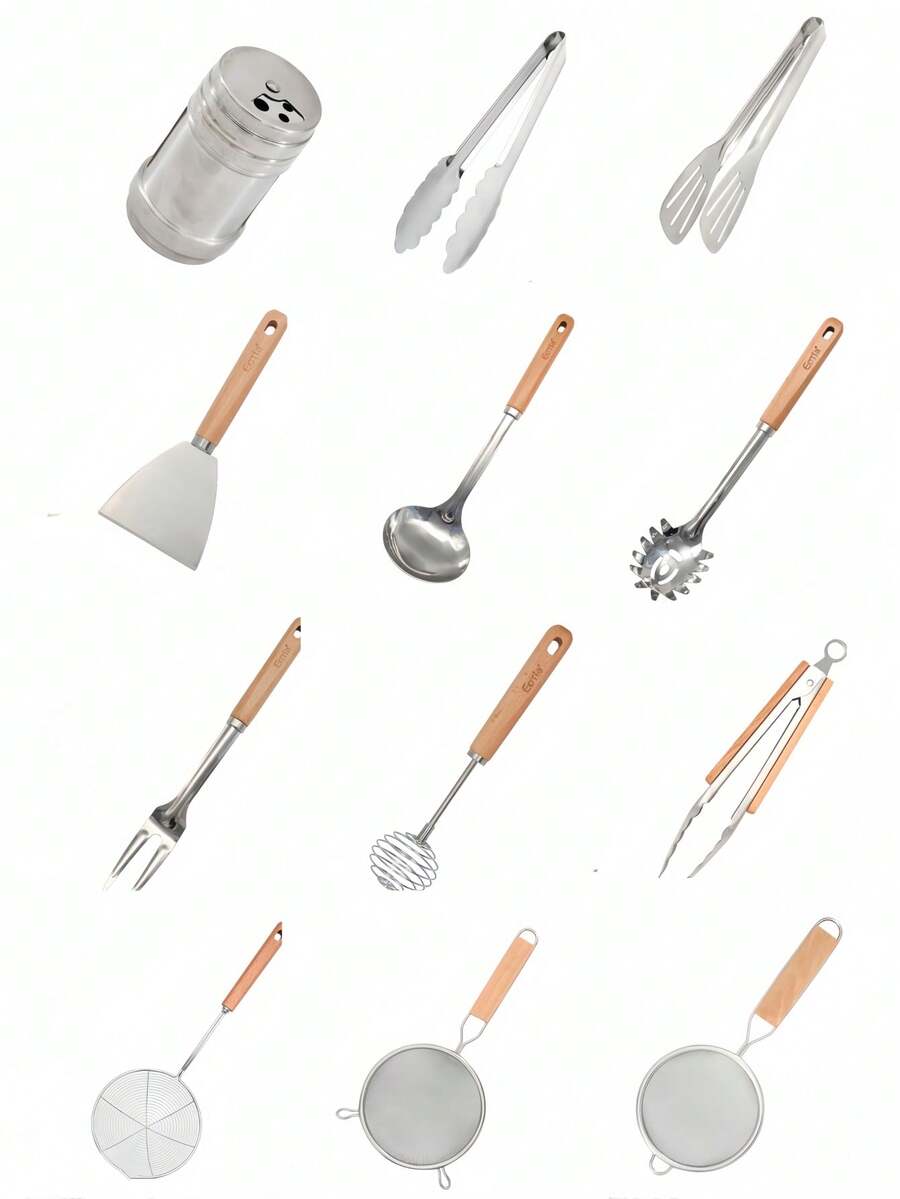 1 件专业餐具厨房木柄不锈钢工具烹饪必需品烘焙烹饪厨师礼物耐用餐具家庭餐厅升级 - 彩色 - 查看 1