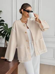 Serisse 女式落肩长袖金属单排扣宽松休闲人字纹饰边夹克 - 杏色 - 查看 8