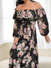 Modelyn Romantic Chiffon Floral Print Off Shoulder Long Sleeve A-Line Plus Size Dress, Spring/Autumn - Multicolor - View 6