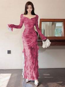 Modelyn Women Mesh Print Ruffle Hem Split Hem Elegant Sexy Dress Fall Cloth For Women - Hot Pink - View 6