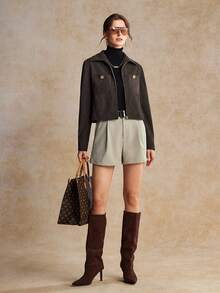 House of One Quần short xếp ly dệt trơn có thắt lưng đen dành cho nữ mặc thường ngày mùa thu - Màu Khaki - Xem 7