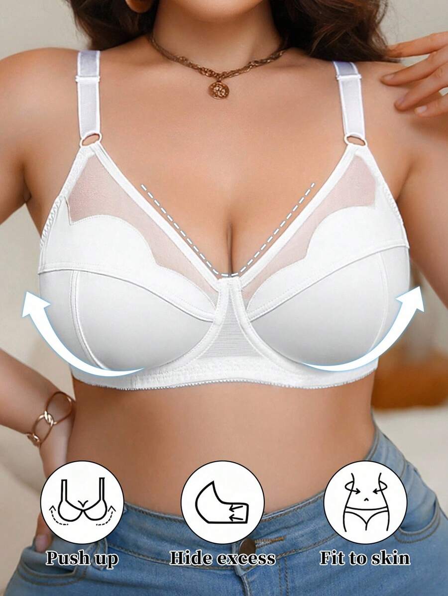 DesireSculpt 1 Áo ngực không gọng lưới họa tiết hoa vá màu trơn thời trang & thanh lịch, cỡ lớn - trắng - Xem 1