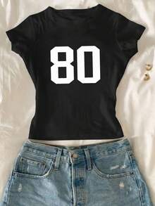 少女数字印花圆领短袖休闲T恤 - 彩色 - 查看 5