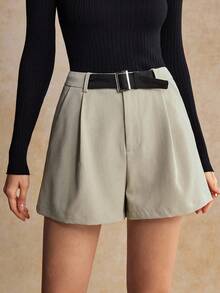 House of One Quần short xếp ly dệt trơn có thắt lưng đen dành cho nữ mặc thường ngày mùa thu - Màu Khaki - Xem 5