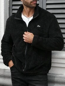 Manfinity Homme Sudadera con cremallera casual con forro térmico y estampado de letras, para hombre de talla grande, para otoño/invierno, de manga larga