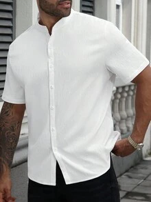 Manfinity Homme Men Plus Casual White Shirt,Textured Fabric Design,Summer Basic Casual Vacation,Suitable For Outdoor Activities,Daily Commute,Fashionable Gift For Him - White - View 5