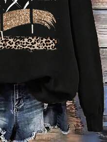 EMERY ROSE 教师节休闲简约印花图案抽绳连帽宽松厚款卫衣，豹纹图案，适合女士，秋冬 - 黑色 - 查看 6