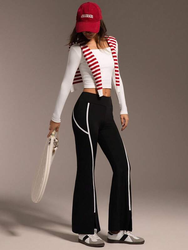 Hanevo Women's Black Casual Sports Yoga Line Slim-Fit Slit Hem Flare Leggings