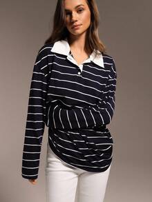 Hanevo 女式条纹长袖 T 恤，有领，撞色休闲通勤街头风格，适合秋冬季、分层穿着和户外穿着 - 藏蓝色 - 查看 4