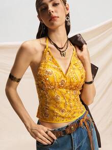 Easelle Top Sequin Embroidered Top Orange Autumn Wear Women's Halter Neck Sequin Top Orange Autumn And Winter Retro Party Festival Wear - Orange - View 7