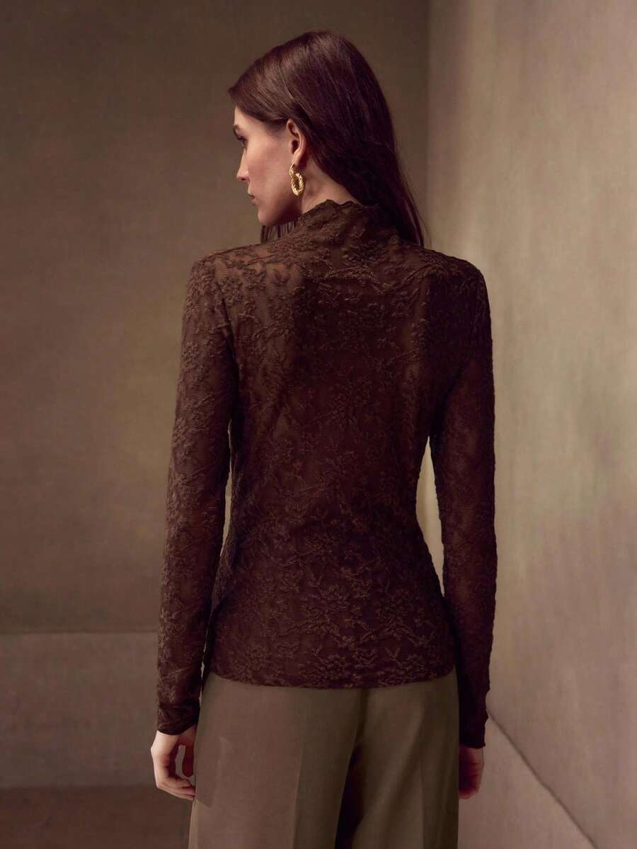 MOTF PREMIUM 透明蕾丝T恤 - 棕色 - 查看 2