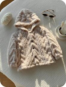 男女款婴儿休闲可爱杏色羊毛连帽拉链夹克，秋冬婴儿服装 - 彩色 - 查看 3