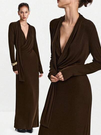 Lumivelle 女士围巾细节优质天丝针织连衣裙、多层垂坠修身垂坠领连衣裙、飘逸垂坠领长袖连衣裙、束腰修身长裙、不对称褶饰长裙、适合正式活动的优雅礼服