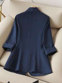 Franclia 百搭商务休闲领单扣修身七分袖女士西装外套，简约优雅风格，海军蓝，春秋季 - 藍色 - 查看 2