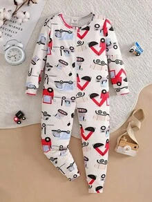 小男孩简约红色卡车印花长袖连体衣睡衣 - 彩色 - 查看 7