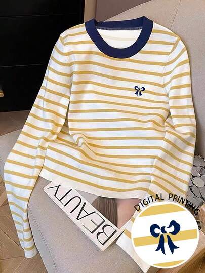 Resyla Women's Casual Bestselling Striped Bow Element Print Round Neck Long Sleeve T-Shirt, Autumn/Winter
