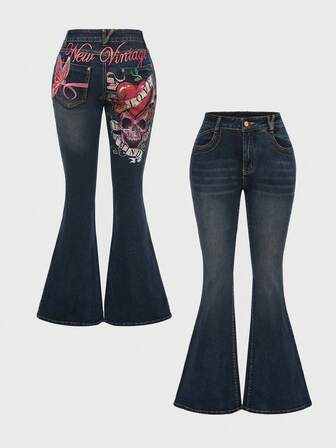 Fairycore Jeans évasés à taille basse vintage Y2K sexy et délavés avec broderie de papillon et de crâne pour femmes