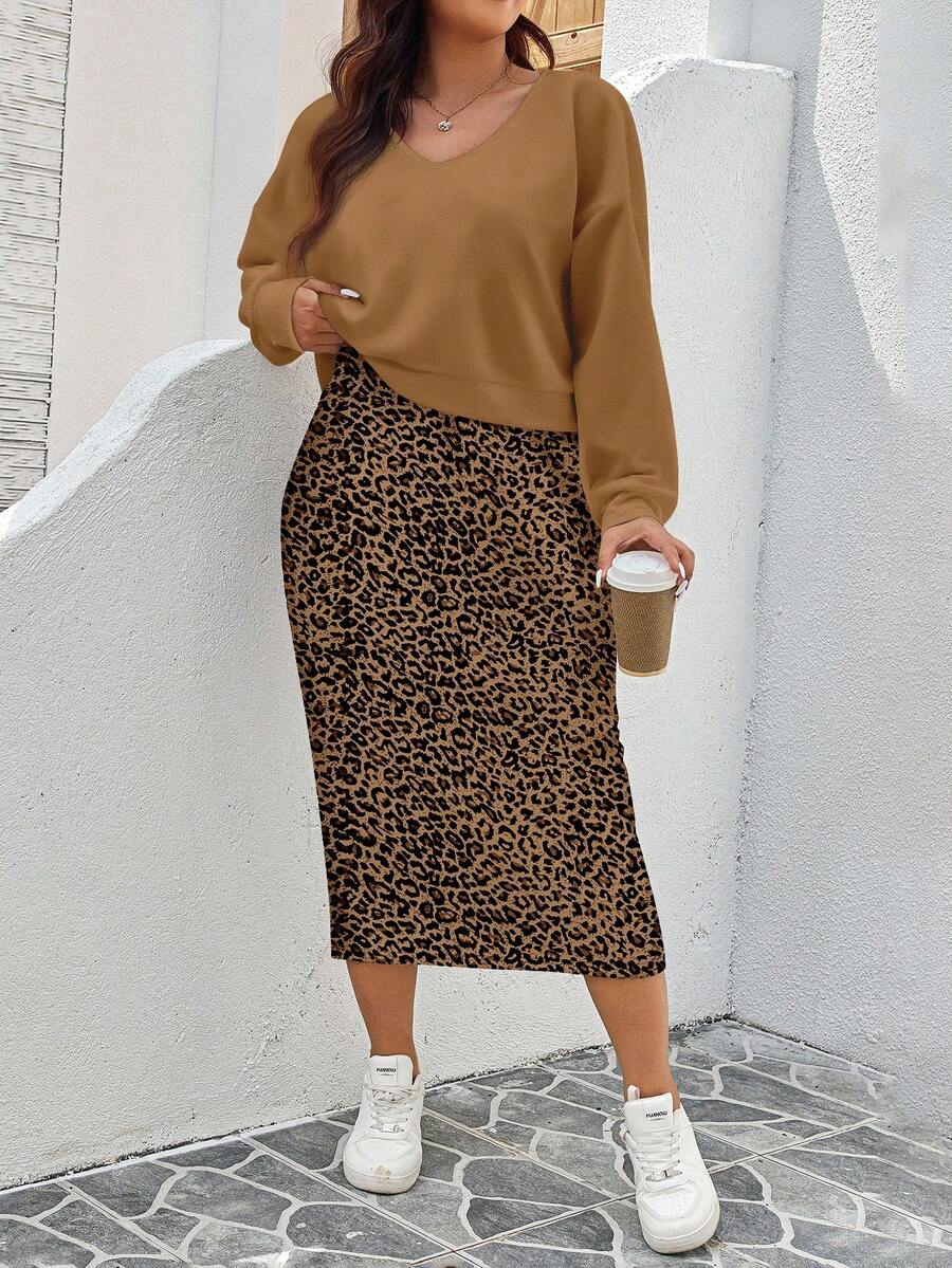 EMERY ROSE Back To School & Teacher's Day Plus Size Women Casual All-Over Leopard Print Sweatshirt Dress 2 Pieces Set, Autumn/Winter