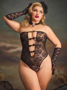 SHEIN 大码女式蝴蝶结蕾丝性感紧身衣 - 黑色 - 查看 1