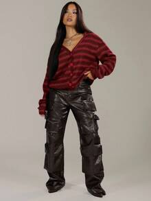 MUSERA 条纹纽扣开衫长袖上衣 春季休闲 Y2K 90年代条纹机场宽松返校冬季日常晚宴派对优雅毛衣 - 酒紅色 - 查看 4