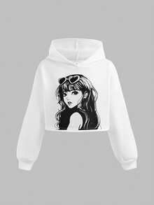 SHEIN Bộ quần áo hoodie và áo nỉ thoải mái, rộng rãi cho bé gái tuổi mới lớn - trắng - Xem 6