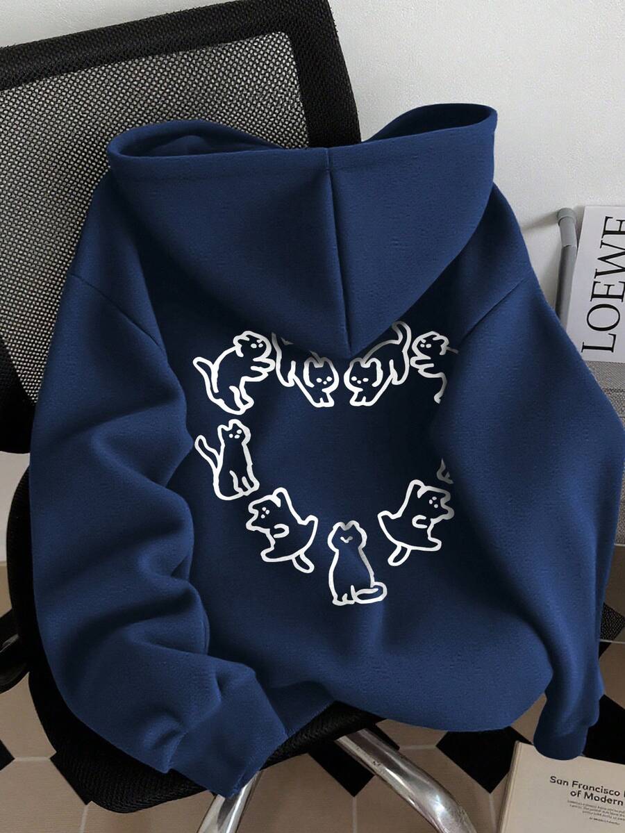 INAWLY 可爱猫咪爱心印花女式连帽长袖卫衣，秋冬季休闲女式卫衣，圣诞节 - 藏蓝色 - 查看 1