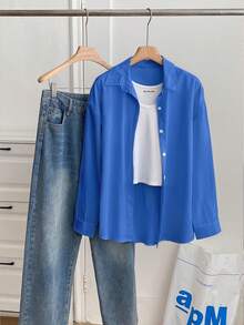 INAWLY Camisa casual de manga larga, de un solo pecho, de unicolor y holgada para mujer - azul real - Ver 3