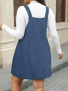 SHEIN LUNE 大码女式黑色灯芯绒连衣裙，带口袋和可调节肩带，女士连衣裙，Barnfit 感恩节服装，女士新年服装，冬季连衣裙，冬季服装，女士狂欢服装，毛衣裙 - 霧霾藍 - 查看 2