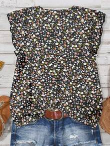 SHEIN LUNE Chemise décontractée rétro à col en V et manches courtes pour femmes, style minimaliste convenant à l'été - Multicolore - Voir 2