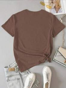 INAWLY 大码女式休闲百搭圆领短袖T恤，带太阳刺绣 - 咖啡棕 - 查看 2