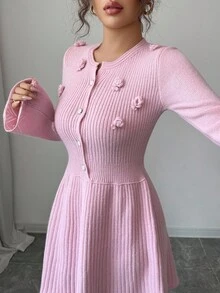 Elenzga Women's New Round Neck Handmade 3D Floral Design Soft & Sweet Knit Sweater Dress, Fashionable & Elegant For Dating, Autumn/Winter Fall Cloth For Women