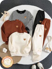 SHEIN 6件套男童休闲舒适百搭可爱圆领卫衣和运动裤套装，加厚保暖内衬运动服，秋冬季返校必备 - 彩色 - 查看 1